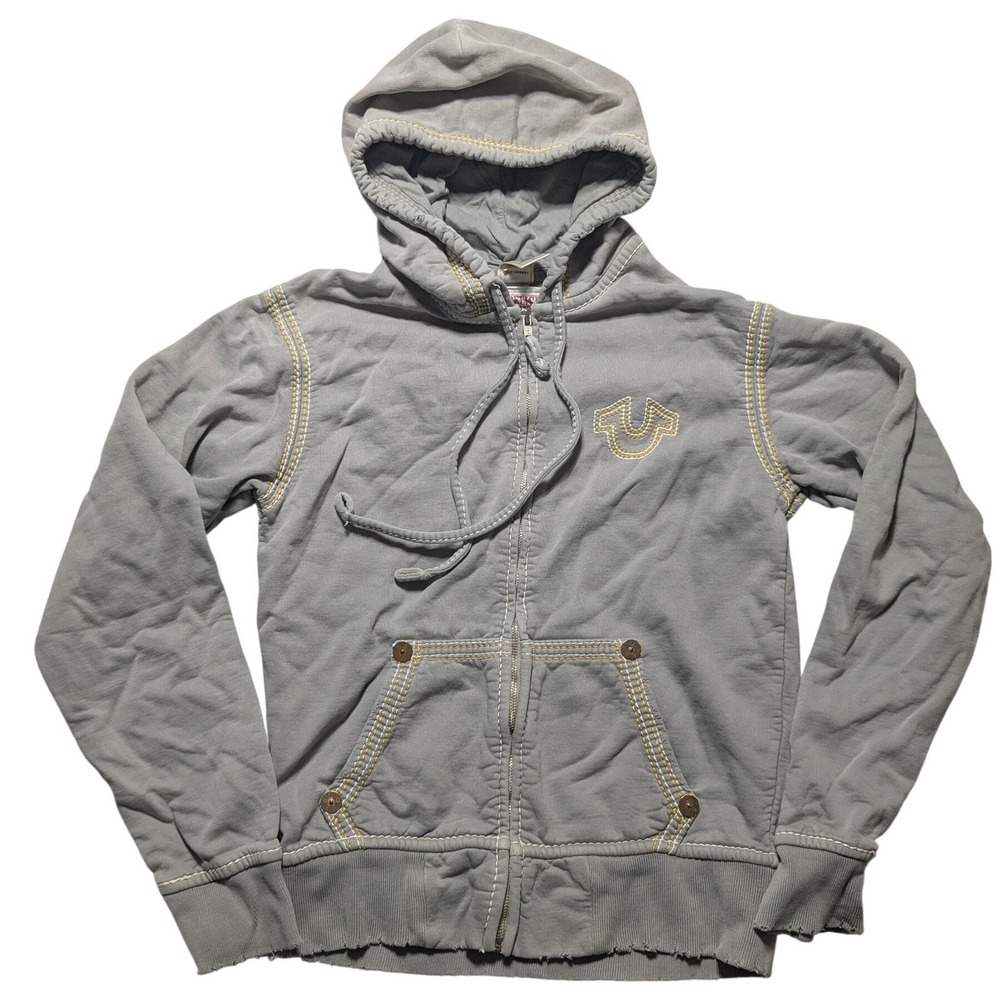 True Religion Womens Gray Contrast Stitch Zip Up Horseshoe Logo Hoodie Small